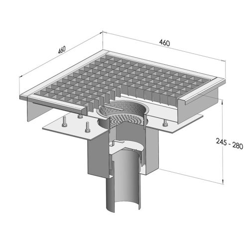 PSZA 460 rozsdamentes padlóösszefolyó alsó kifolyóval, szigetelőgallérral