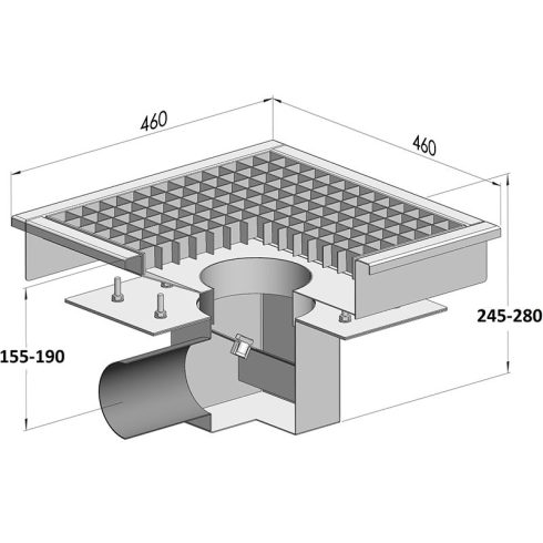 PSZO 460 rozsdamentes padlóösszefolyó oldalsó kifolyóval, szigetelőgallérral