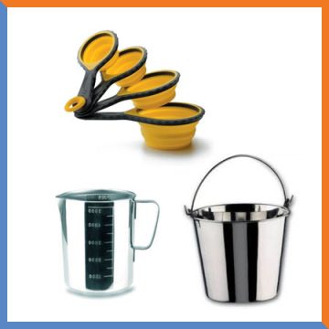 Measuring cups, dispensers, buckets